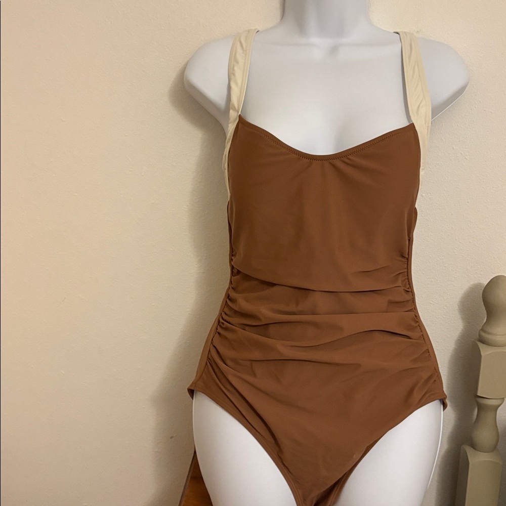 Chic Brown One-Piece Swimsuit with Cream Straps